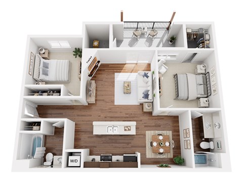 Floor plan for 2 beds, 2 baths, 1037 sqft